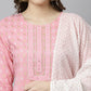 Janasya Women's Light Pink Cotton Gold Print Kurta With Pant And Dupatta | Swadesiicart