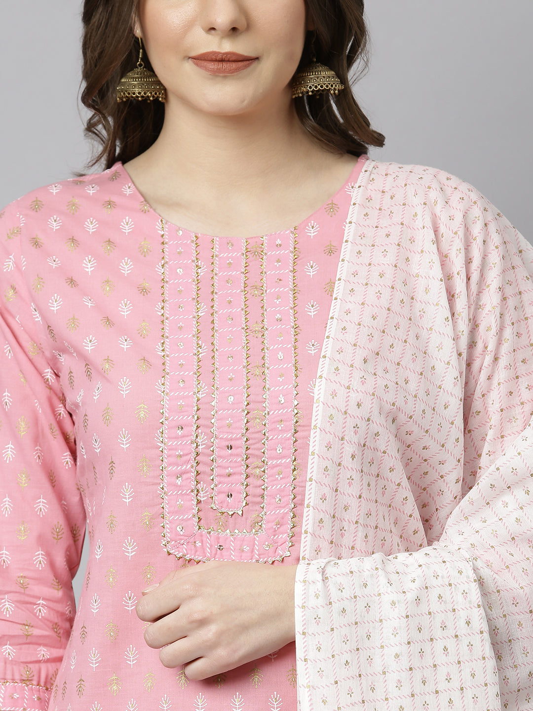 Janasya Women's Light Pink Cotton Gold Print Kurta With Pant And Dupatta | Swadesiicart