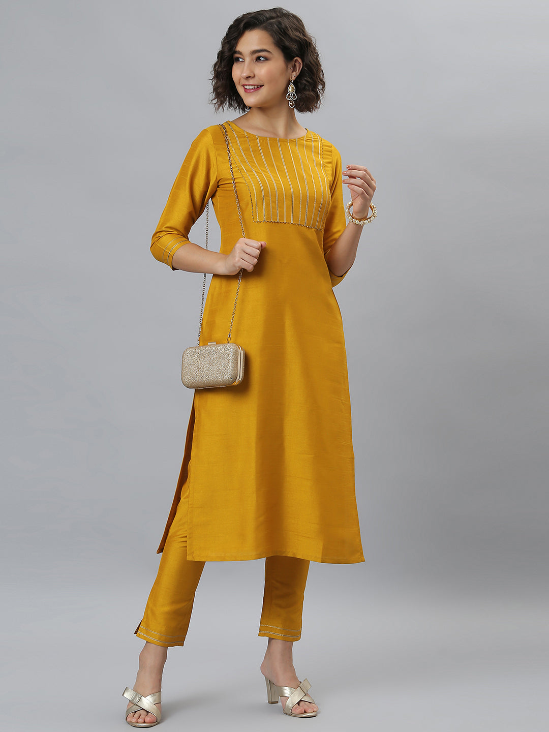 Janasya Women's Mustard Poly Silk Solid Straight Festive Kurta Set | Swadesiicart