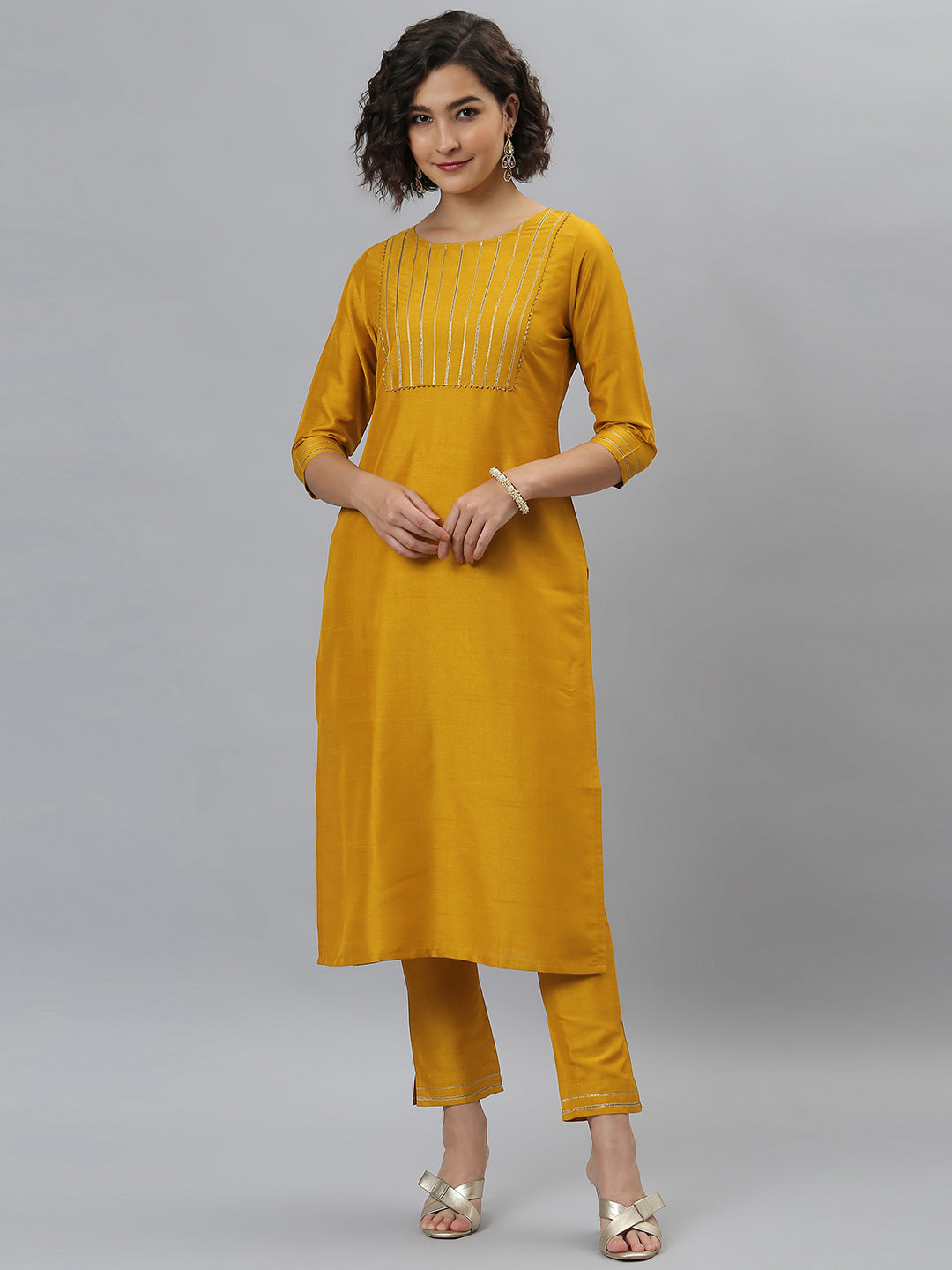 Janasya Women's Mustard Poly Silk Solid Straight Festive Kurta Set | Swadesiicart