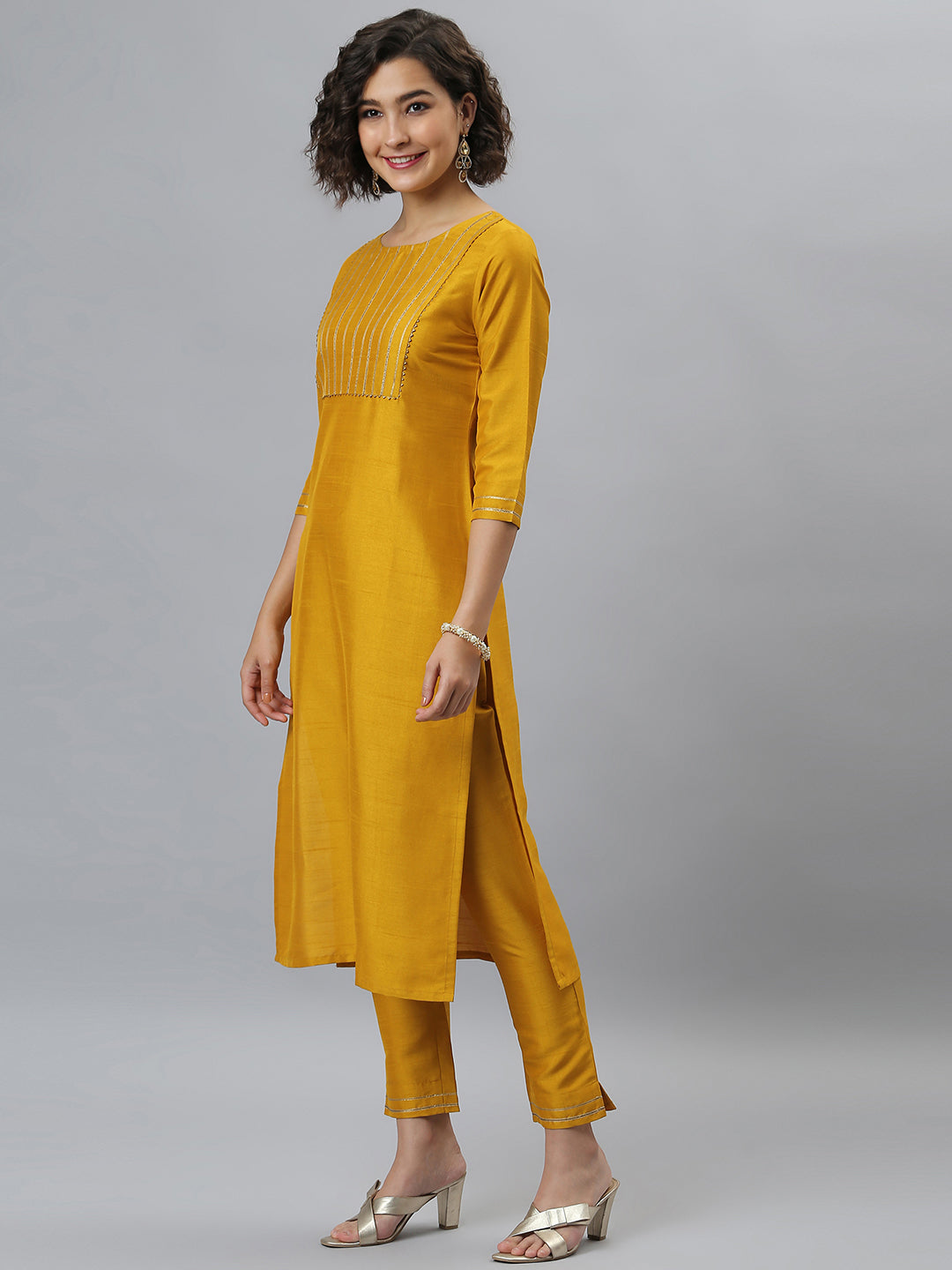 Janasya Women's Mustard Poly Silk Solid Straight Festive Kurta Set | Swadesiicart