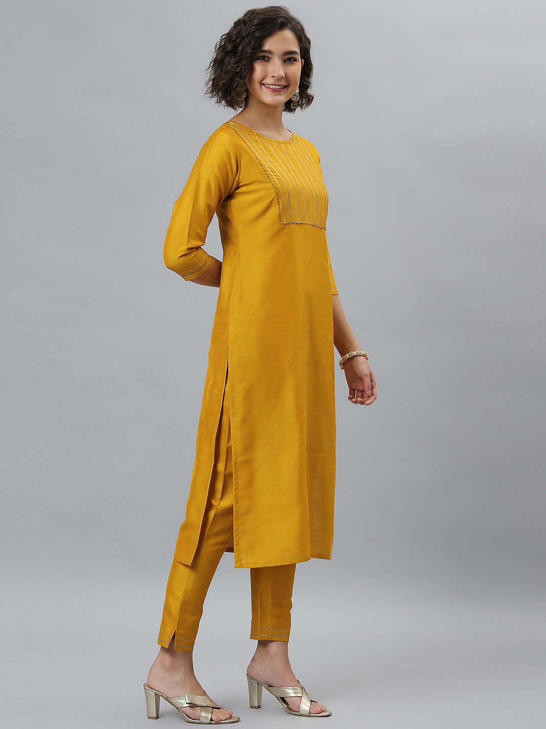 Janasya Women's Mustard Poly Silk Solid Straight Festive Kurta Set | Swadesiicart