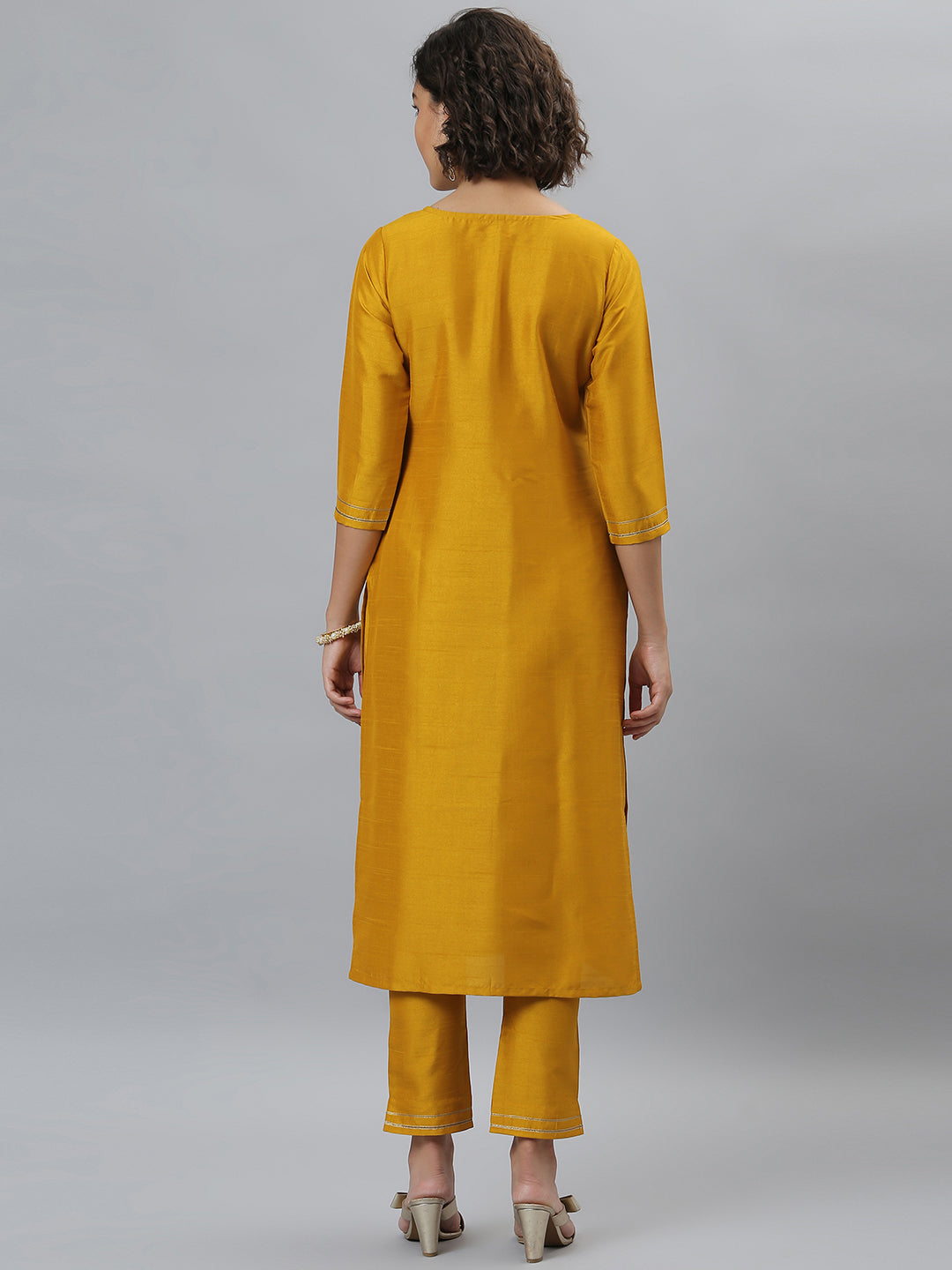 Janasya Women's Mustard Poly Silk Solid Straight Festive Kurta Set | Swadesiicart