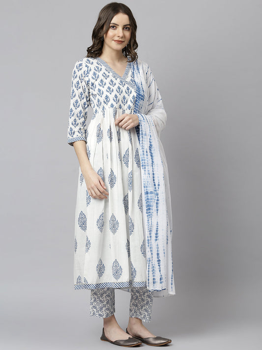 Janasya Women's White Cotton Block Print Kurta With Pant And Dupatta | Swadesiicart