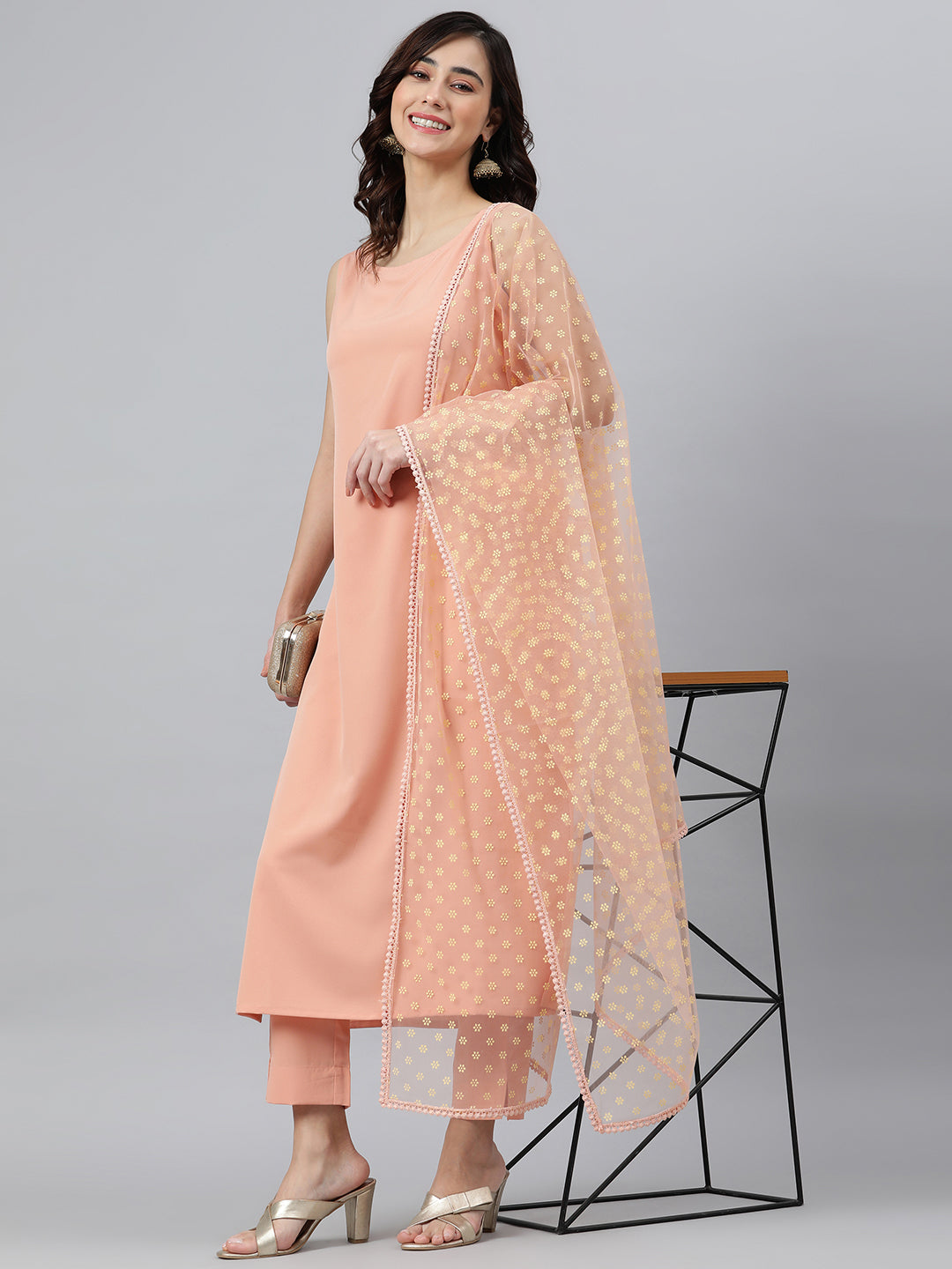 Janasya Peach Poly Crepe Solid Set - Swadesiicart