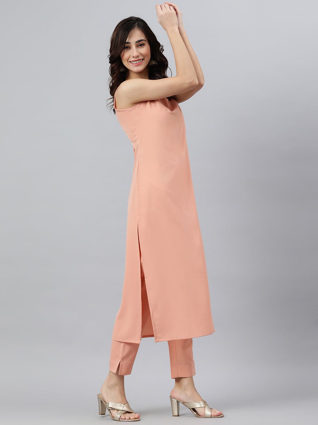 Janasya Peach Poly Crepe Solid Set - Swadesiicart