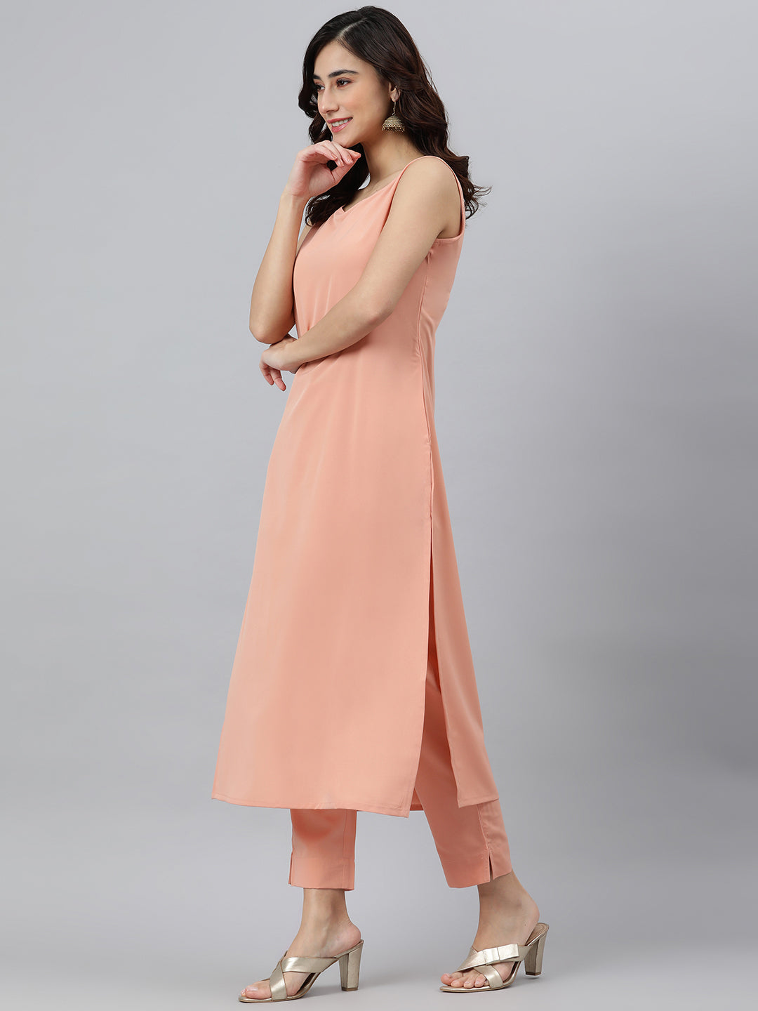 Janasya Peach Poly Crepe Solid Set - Swadesiicart
