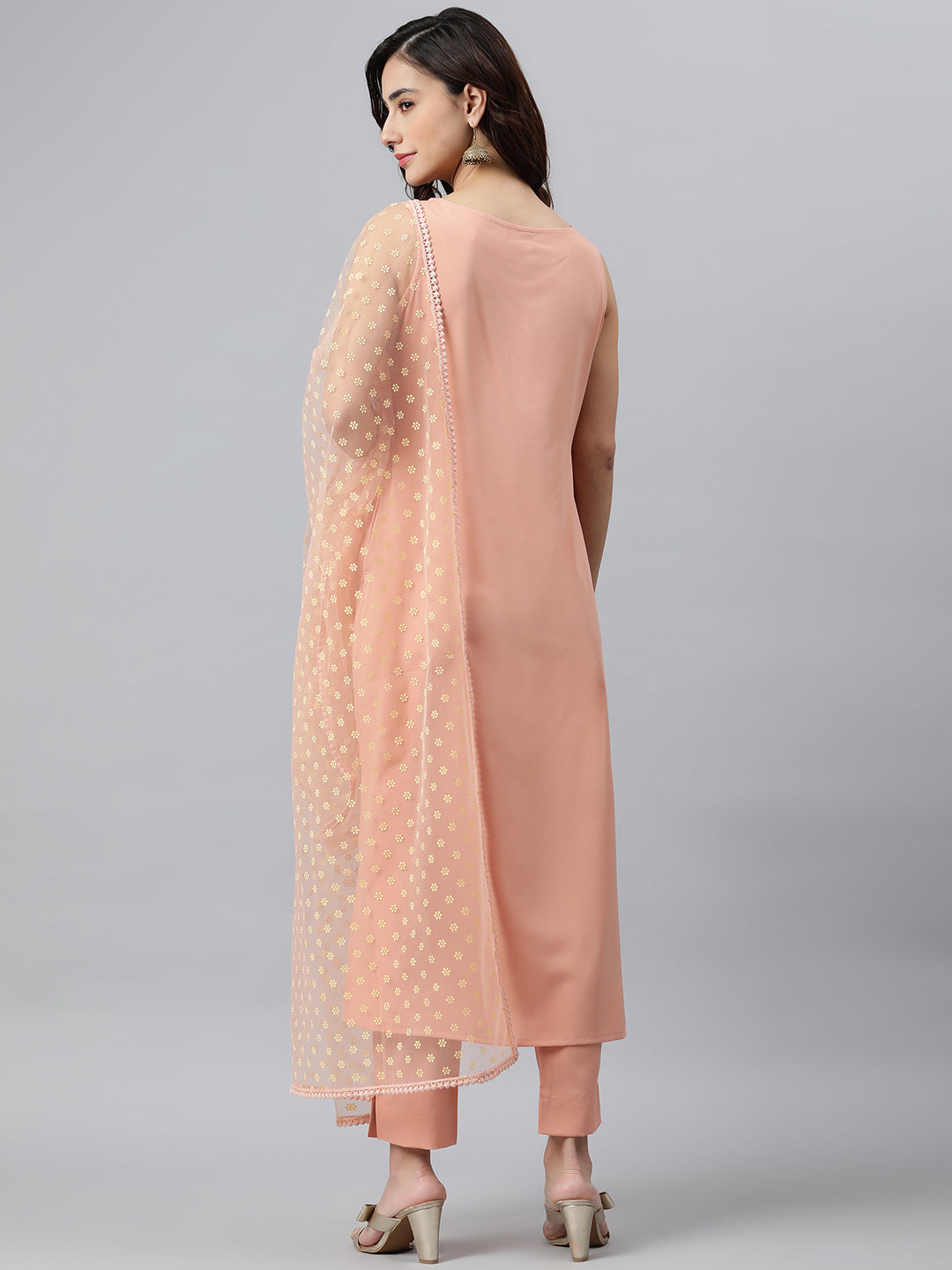 Janasya Peach Poly Crepe Solid Set - Swadesiicart