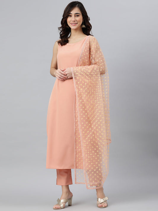 Janasya Peach Poly Crepe Solid Set - Swadesiicart
