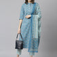 Janasya Women's Blue Cotton Floral Print Kurta With Pant And Dupatta | Swadesiicart