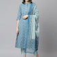 Janasya Women's Blue Cotton Floral Print Kurta With Pant And Dupatta | Swadesiicart