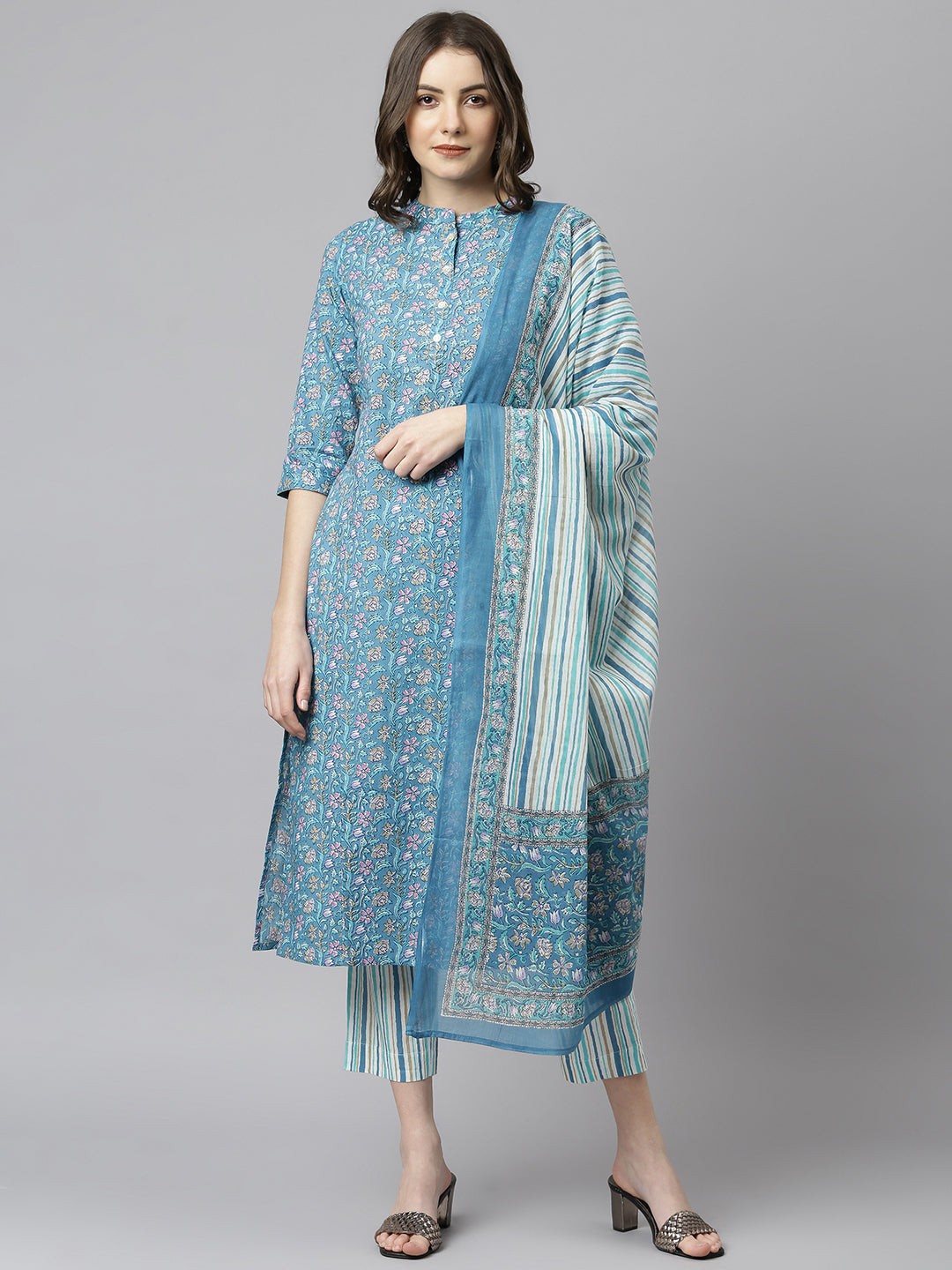 Janasya Women's Blue Cotton Floral Print Kurta With Pant And Dupatta | Swadesiicart