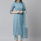 Janasya Women's Blue Cotton Floral Print Kurta With Pant And Dupatta | Swadesiicart