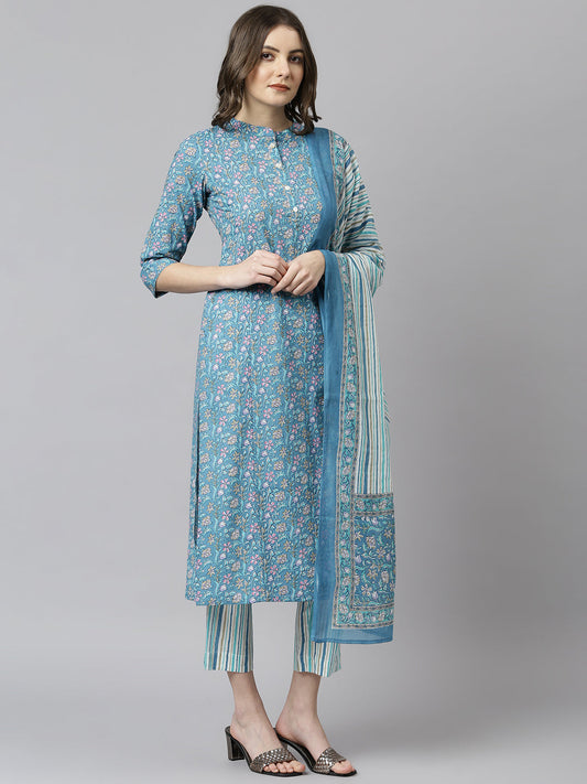 Janasya Women's Blue Cotton Floral Print Kurta With Pant And Dupatta | Swadesiicart