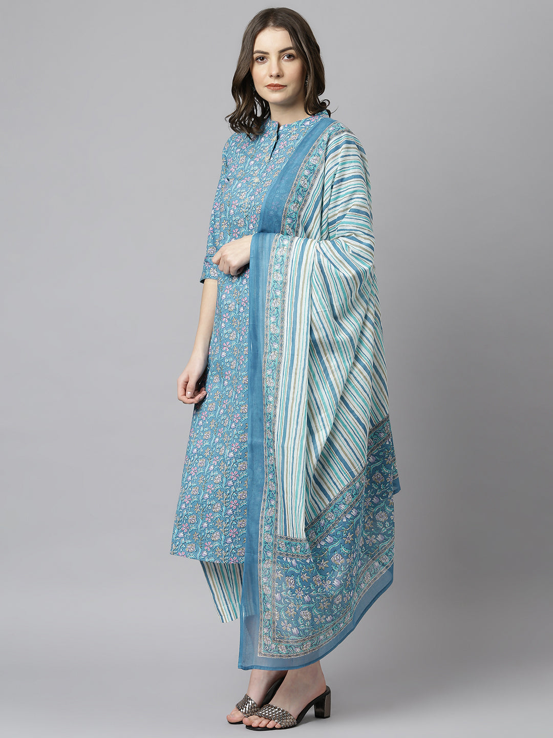 Janasya Women's Blue Cotton Floral Print Kurta With Pant And Dupatta | Swadesiicart