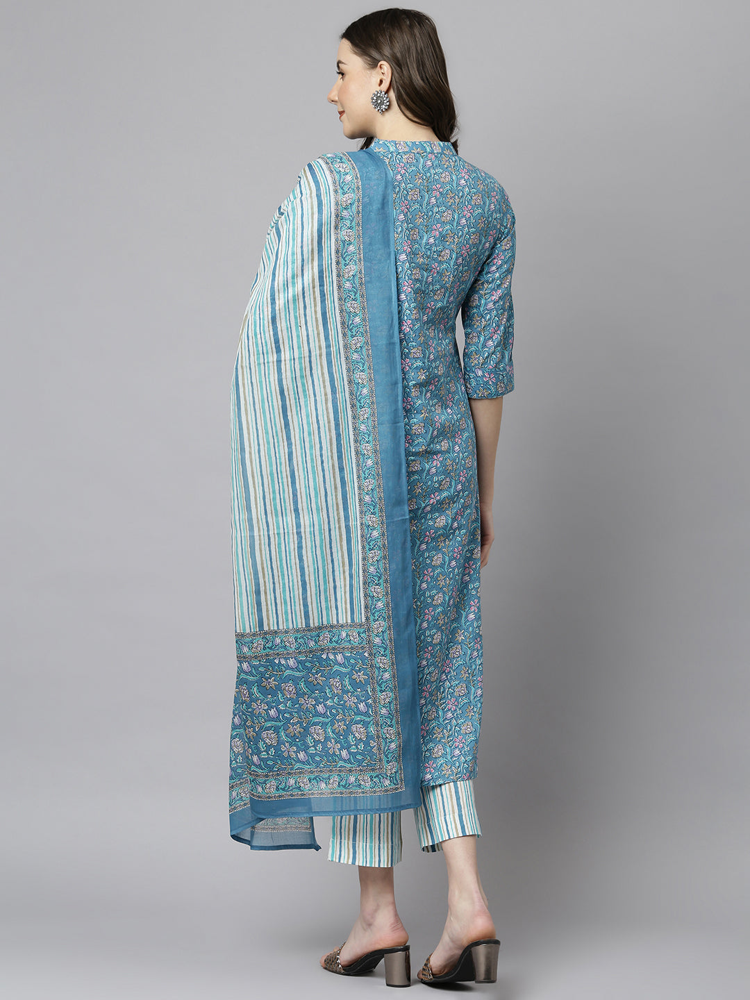 Janasya Women's Blue Cotton Floral Print Kurta With Pant And Dupatta | Swadesiicart