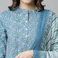 Janasya Women's Blue Cotton Floral Print Kurta With Pant And Dupatta | Swadesiicart