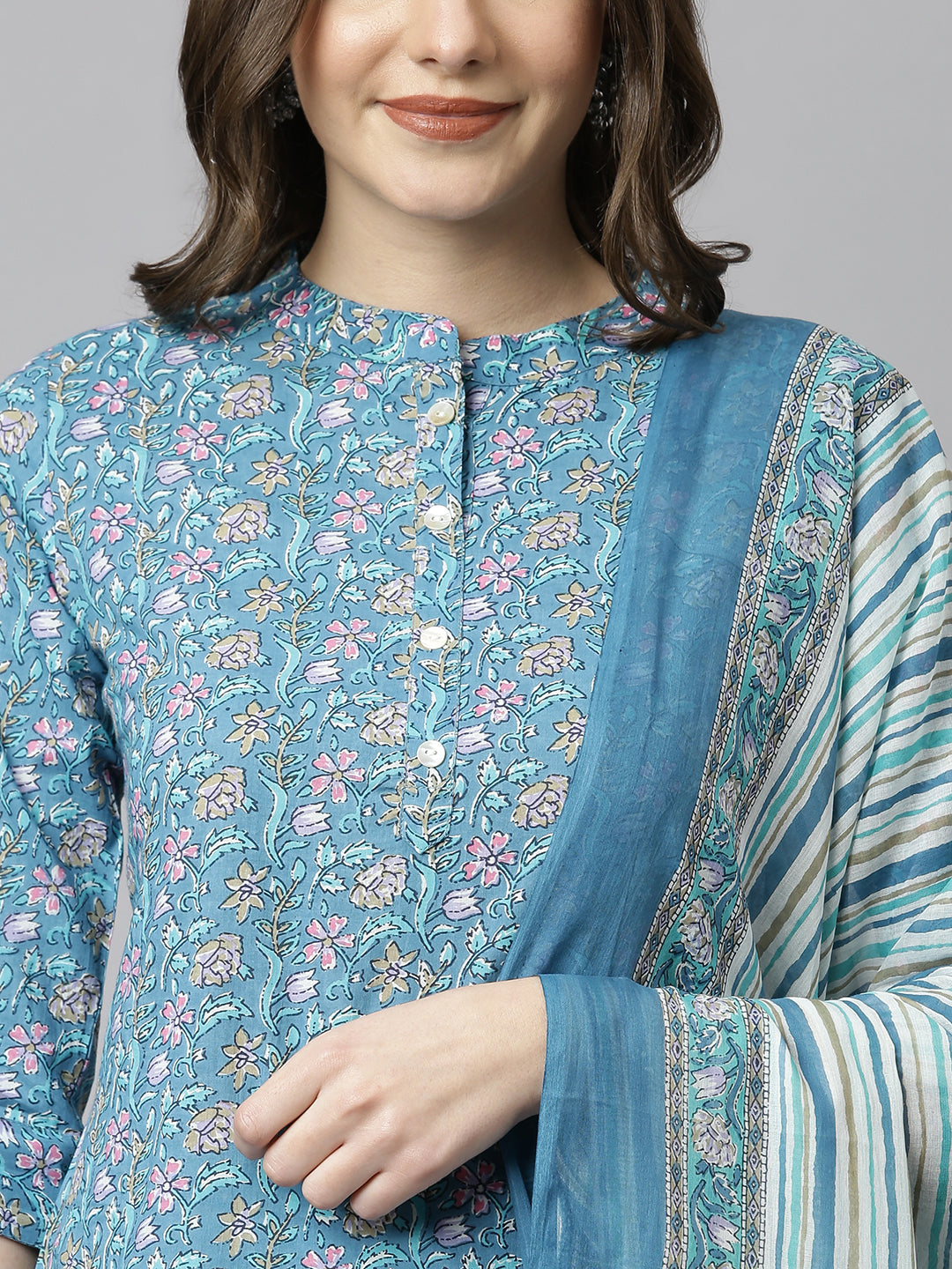 Janasya Women's Blue Cotton Floral Print Kurta With Pant And Dupatta | Swadesiicart