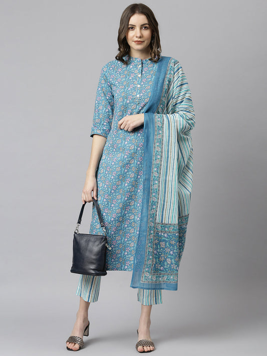 Janasya Women's Blue Cotton Floral Print Kurta With Pant And Dupatta | Swadesiicart