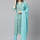 Janasya Women's Sea Green Cotton Floral Print Kurta With Pant And Dupatta | Swadesiicart