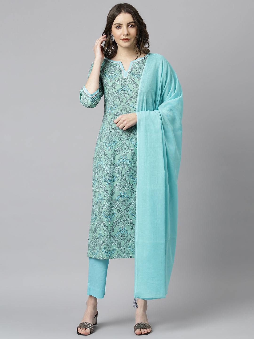Janasya Women's Sea Green Cotton Floral Print Kurta With Pant And Dupatta | Swadesiicart