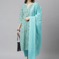 Janasya Women's Sea Green Cotton Floral Print Kurta With Pant And Dupatta | Swadesiicart