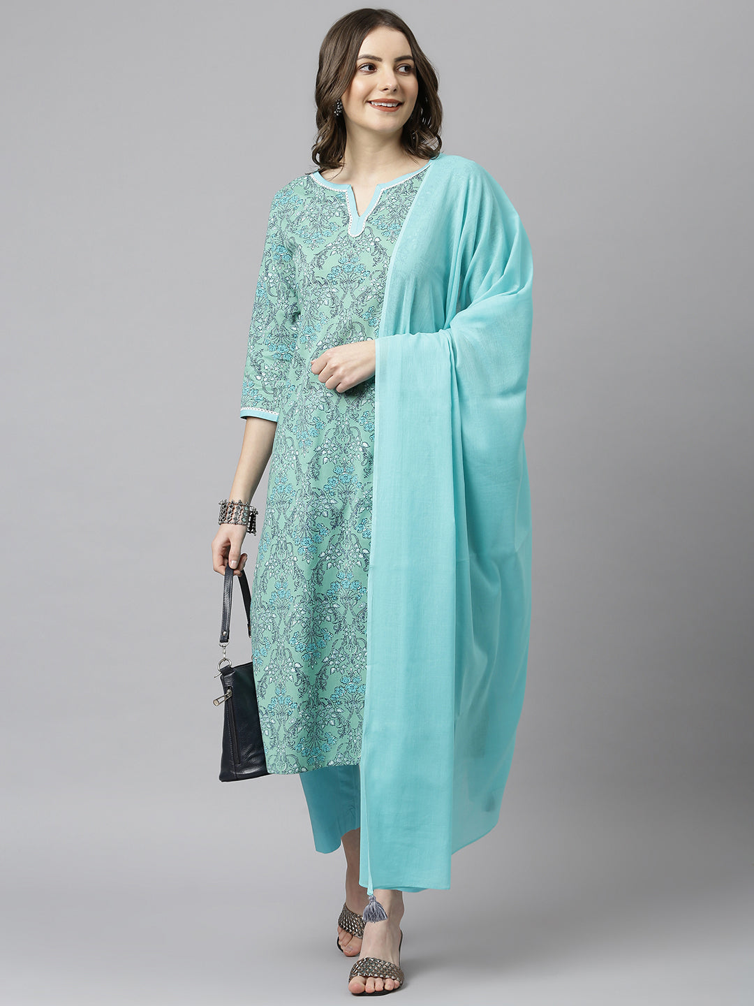 Janasya Women's Sea Green Cotton Floral Print Kurta With Pant And Dupatta | Swadesiicart
