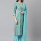 Janasya Women's Sea Green Cotton Floral Print Kurta With Pant And Dupatta | Swadesiicart