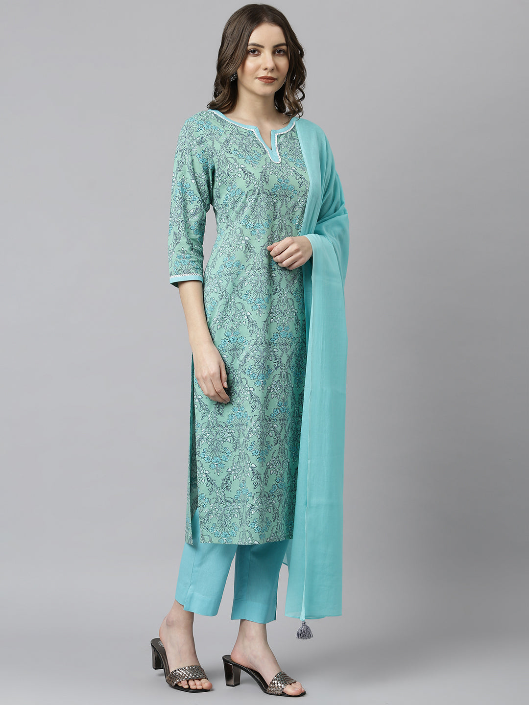 Janasya Women's Sea Green Cotton Floral Print Kurta With Pant And Dupatta | Swadesiicart