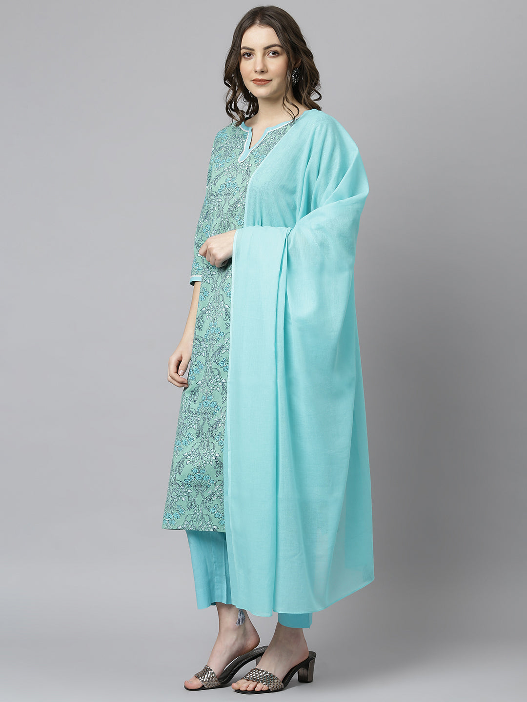 Janasya Women's Sea Green Cotton Floral Print Kurta With Pant And Dupatta | Swadesiicart