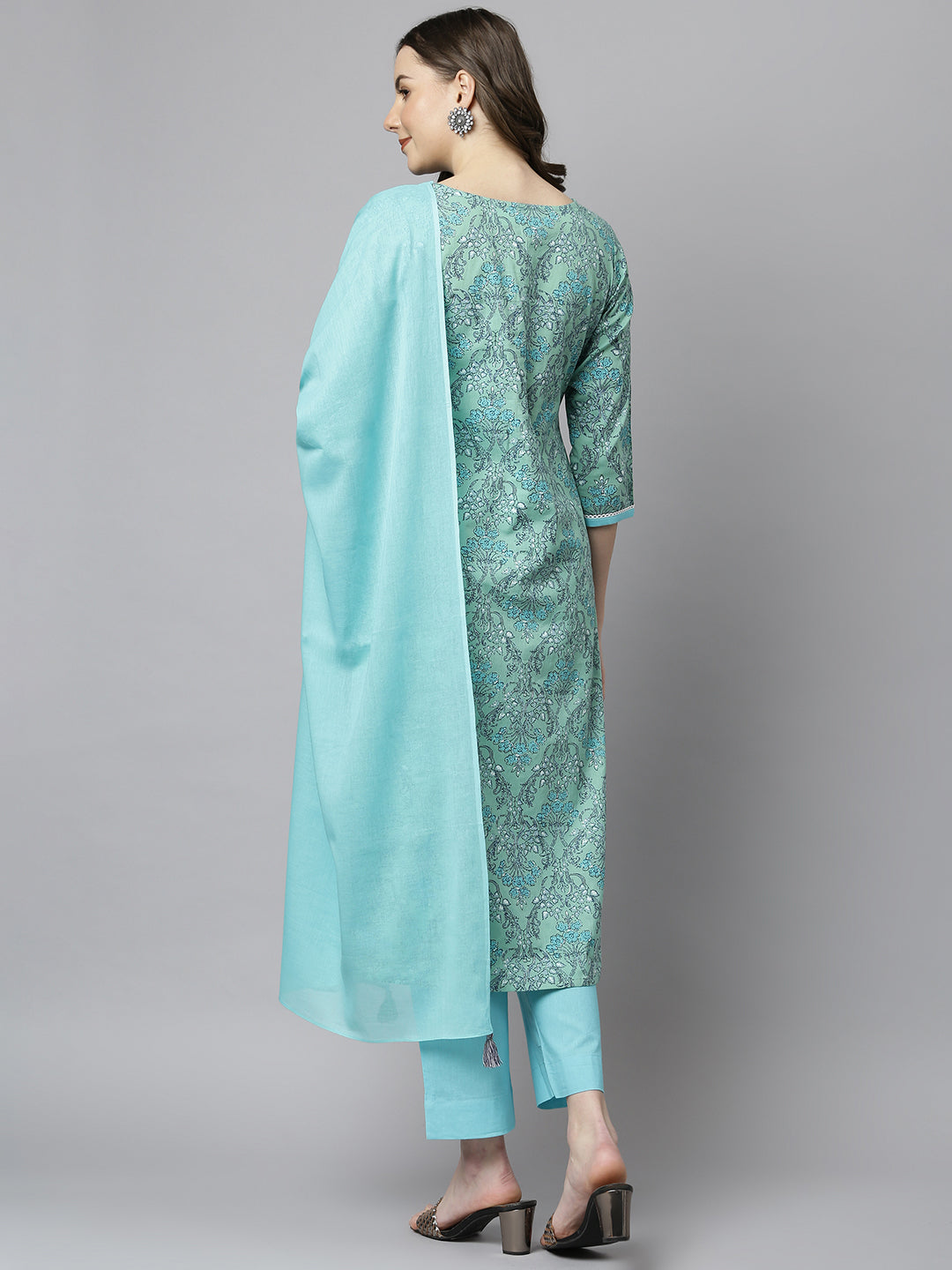 Janasya Women's Sea Green Cotton Floral Print Kurta With Pant And Dupatta | Swadesiicart