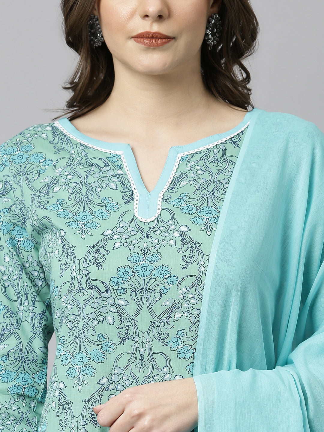 Janasya Women's Sea Green Cotton Floral Print Kurta With Pant And Dupatta | Swadesiicart