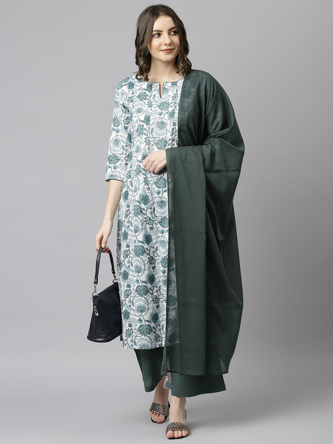 Janasya Women's White Cotton Floral Print Kurta With Palazzo And Dupatta | Swadesiicart
