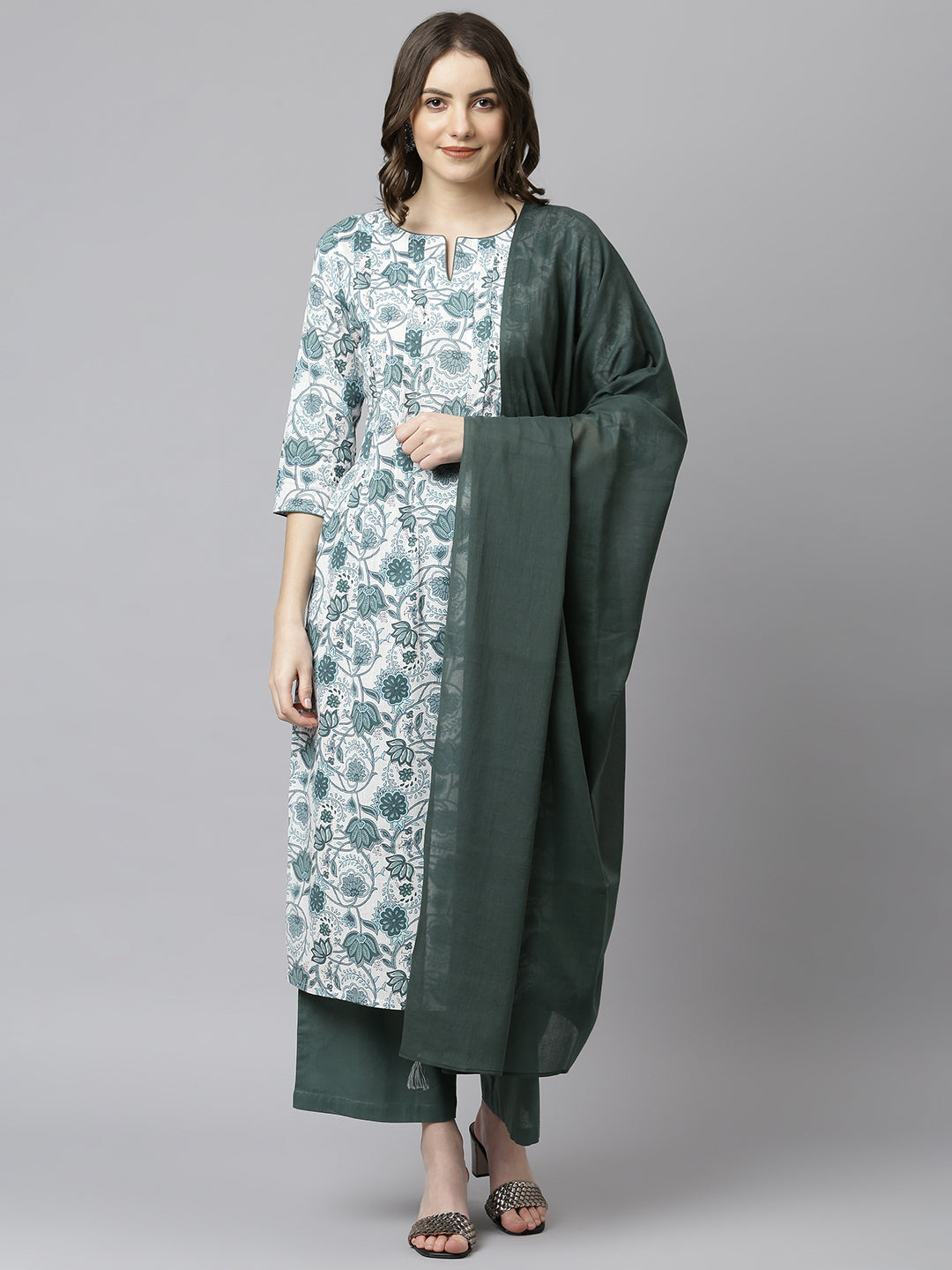 Janasya Women's White Cotton Floral Print Kurta With Palazzo And Dupatta | Swadesiicart