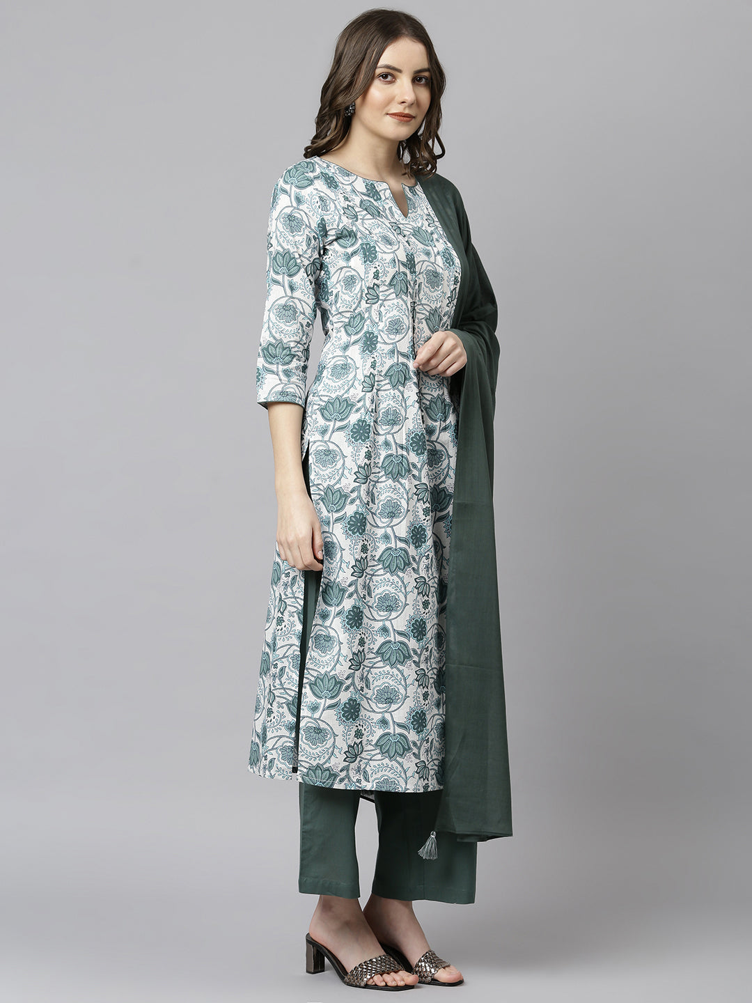 Janasya Women's White Cotton Floral Print Kurta With Palazzo And Dupatta | Swadesiicart