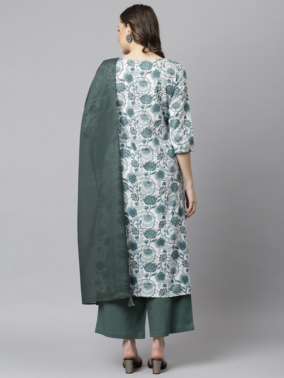 Janasya Women's White Cotton Floral Print Kurta With Palazzo And Dupatta | Swadesiicart