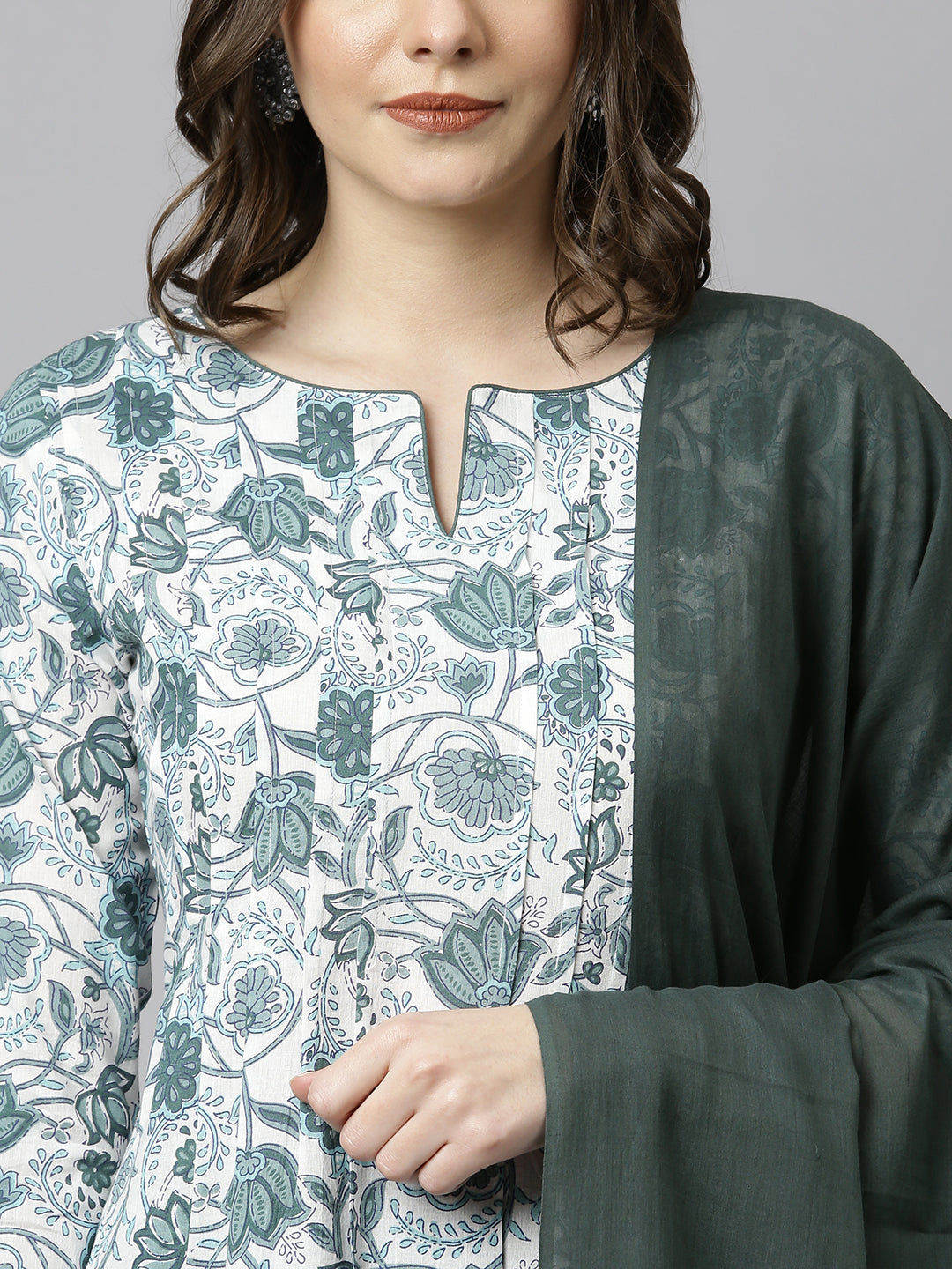 Janasya Women's White Cotton Floral Print Kurta With Palazzo And Dupatta | Swadesiicart