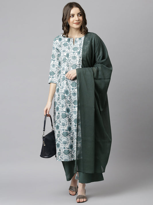 Janasya Women's White Cotton Floral Print Kurta With Palazzo And Dupatta | Swadesiicart