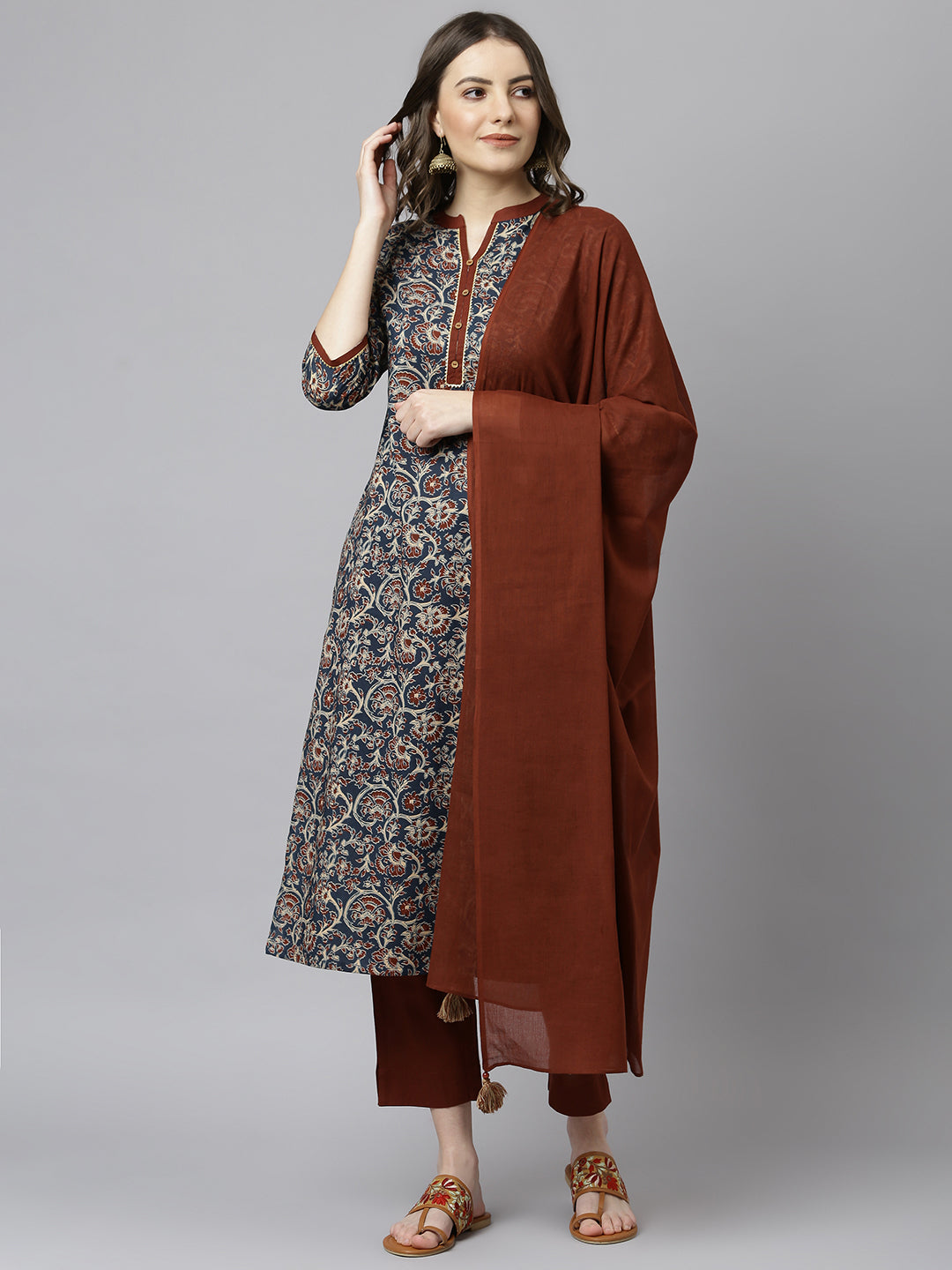 Janasya Women's Teal Blue Cotton Floral Print Kurta With Pant And Dupatta | Swadesiicart