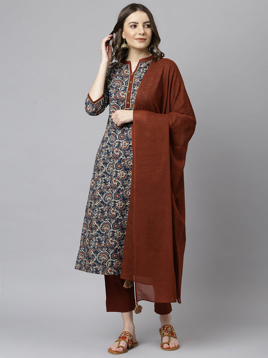 Janasya Women's Teal Blue Cotton Floral Print Kurta With Pant And Dupatta | Swadesiicart
