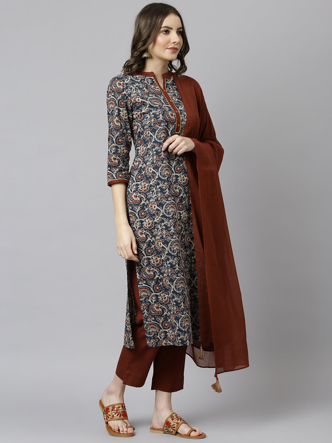 Janasya Women's Teal Blue Cotton Floral Print Kurta With Pant And Dupatta | Swadesiicart