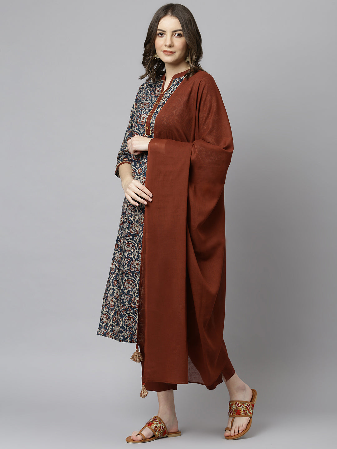 Janasya Women's Teal Blue Cotton Floral Print Kurta With Pant And Dupatta | Swadesiicart