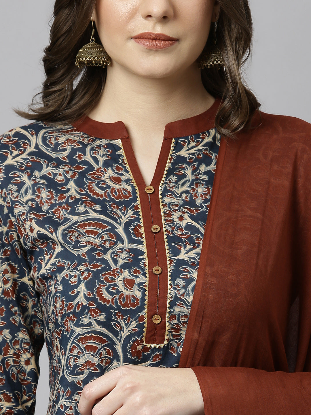Janasya Women's Teal Blue Cotton Floral Print Kurta With Pant And Dupatta | Swadesiicart