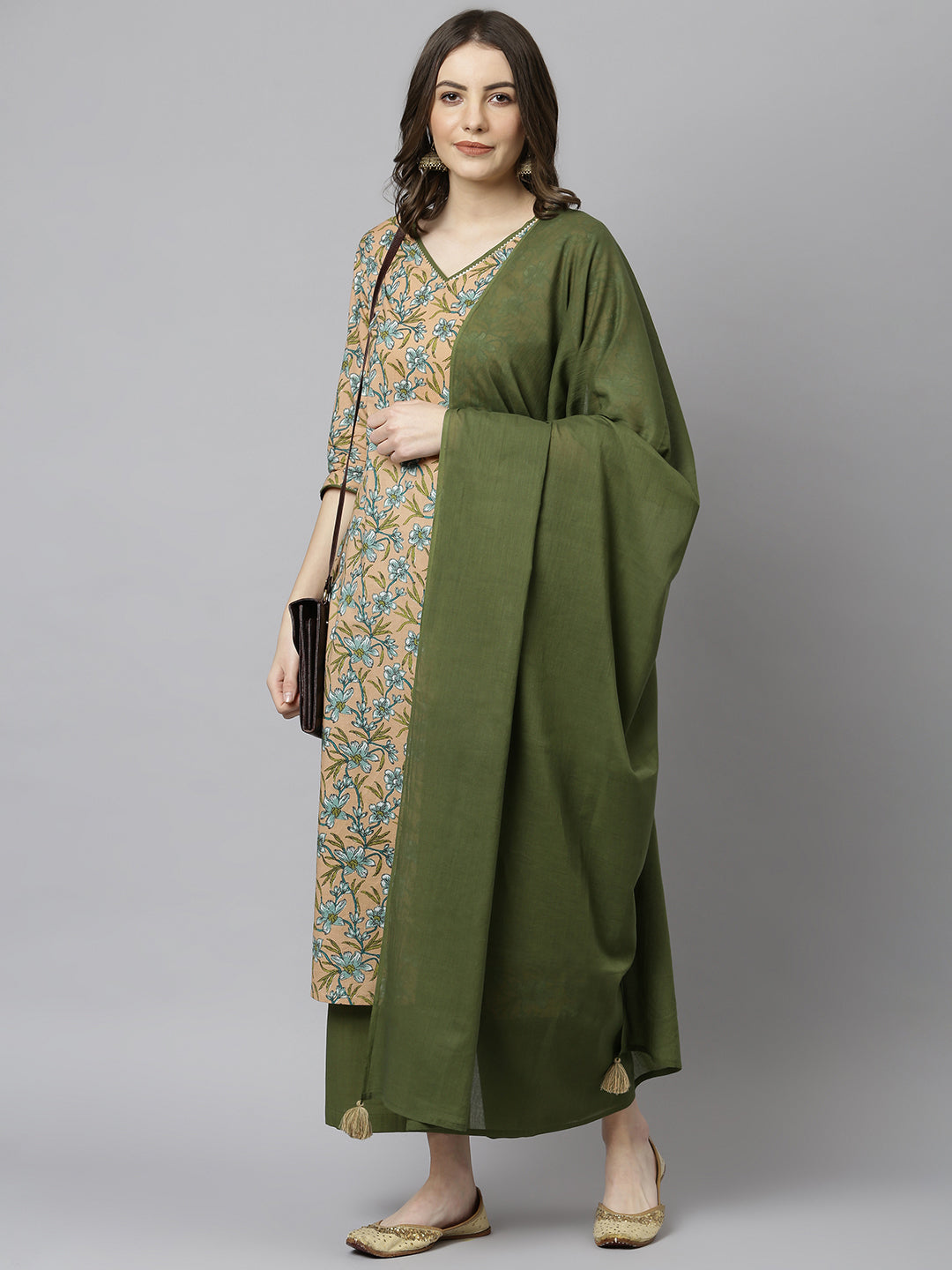 Janasya Women's Peach Cotton Floral Print Kurta With Palazzo And Dupatta | Swadesiicart