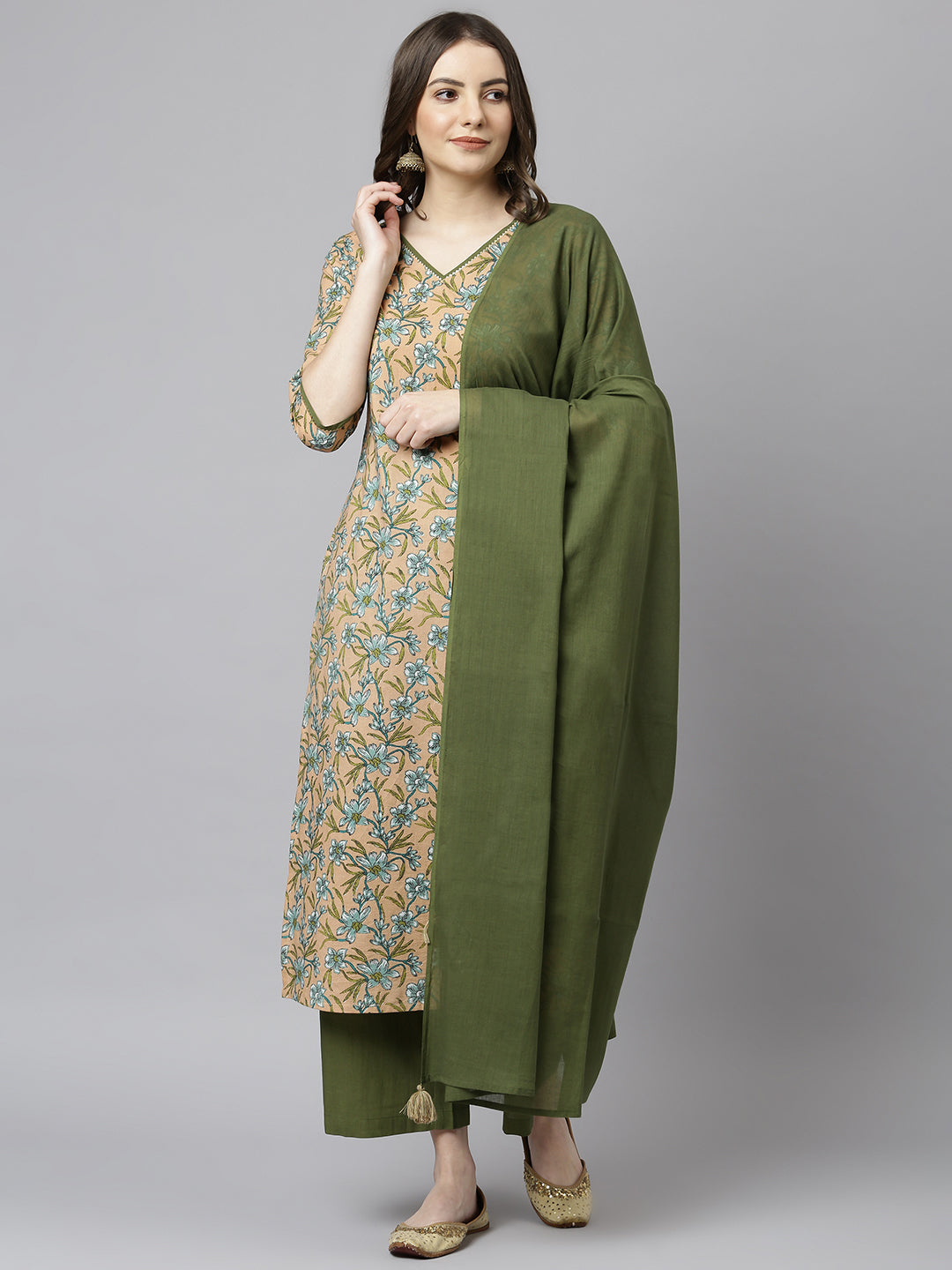 Janasya Women's Peach Cotton Floral Print Kurta With Palazzo And Dupatta | Swadesiicart