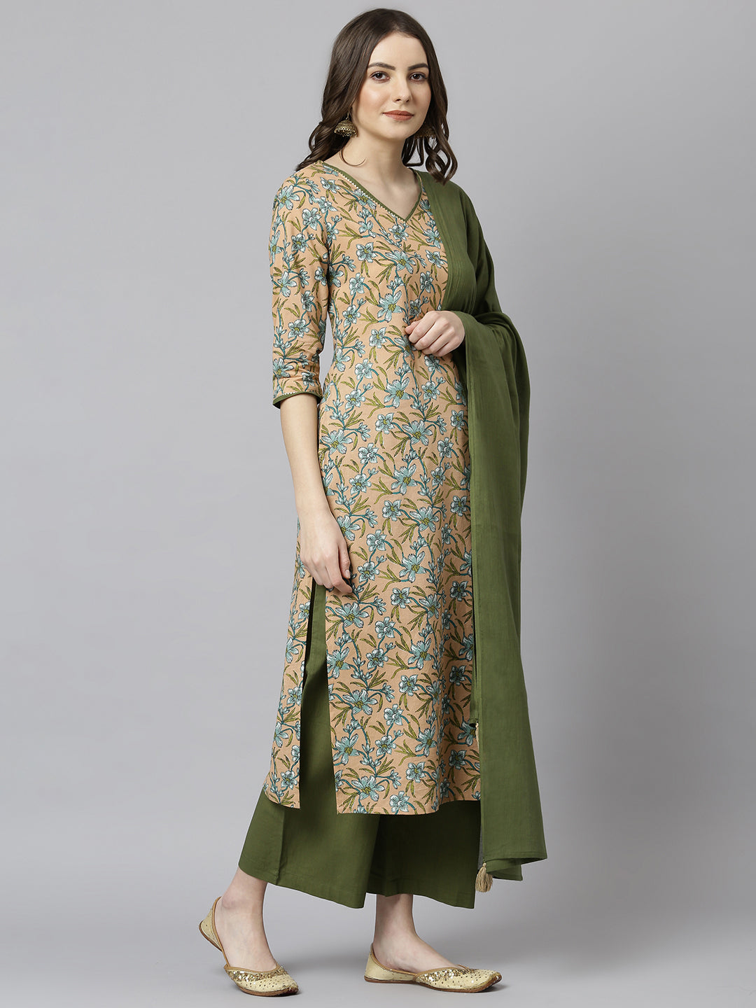 Janasya Women's Peach Cotton Floral Print Kurta With Palazzo And Dupatta | Swadesiicart