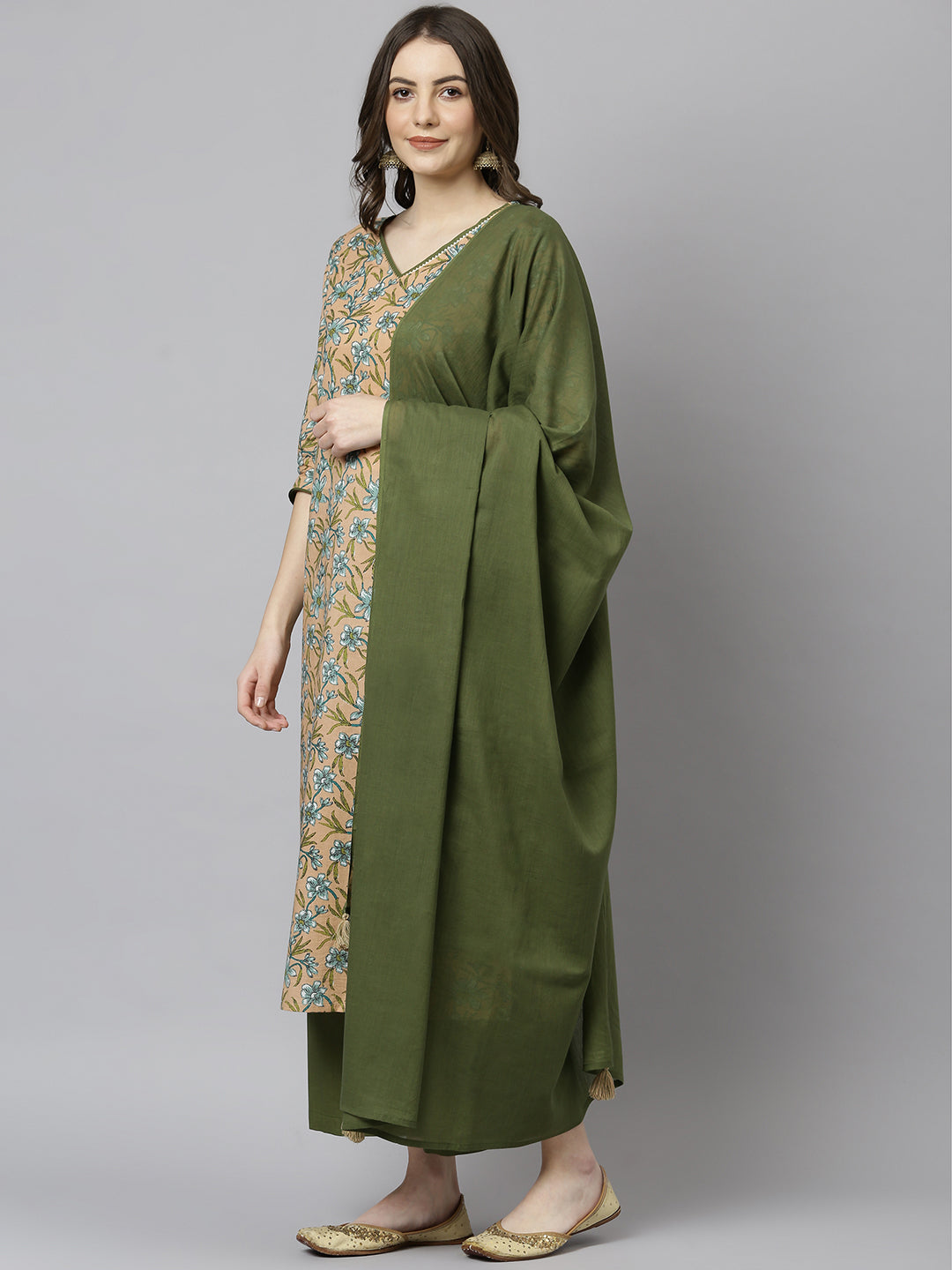 Janasya Women's Peach Cotton Floral Print Kurta With Palazzo And Dupatta | Swadesiicart