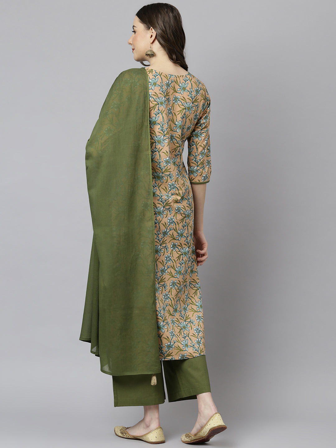 Janasya Women's Peach Cotton Floral Print Kurta With Palazzo And Dupatta | Swadesiicart
