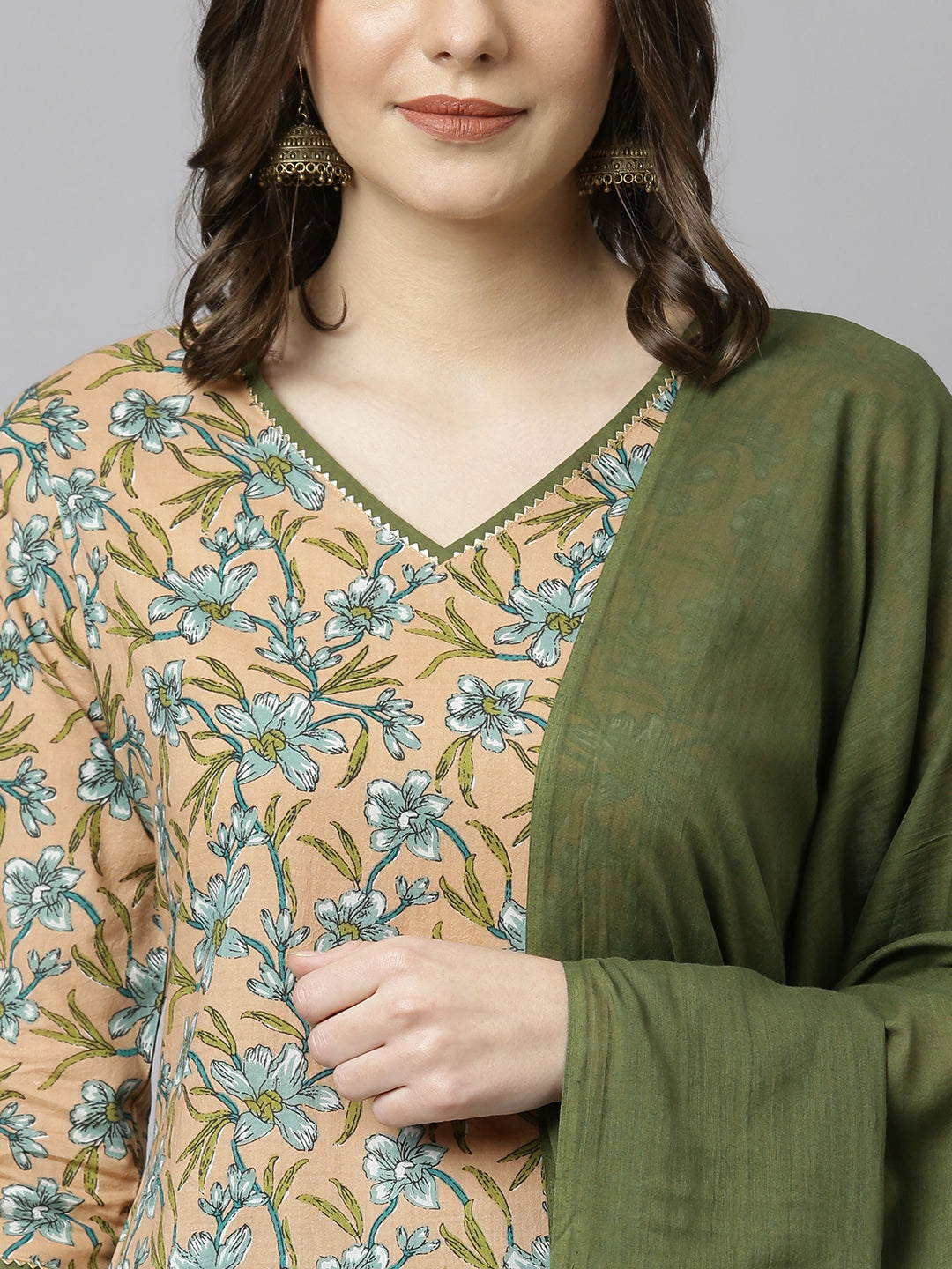 Janasya Women's Peach Cotton Floral Print Kurta With Palazzo And Dupatta | Swadesiicart