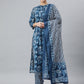 Janasya Women's Blue Cotton Block Print Kurta With Pant And Dupatta | Swadesiicart